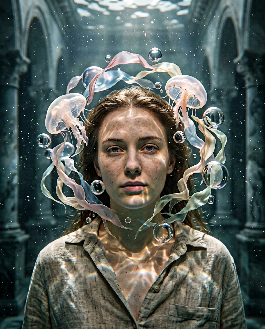 Surreal portrait with floating elements